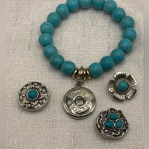 💗Turquoise Beaded Snap Button Bracelet with 3 Interchangeable Charms - 18mm/20mm